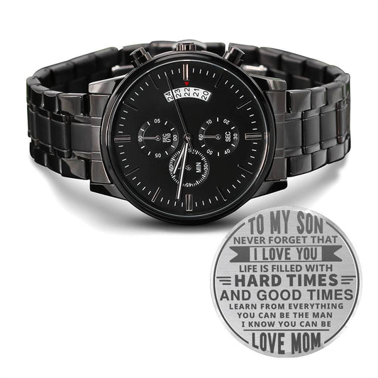 Engraved Black Chronograph Watch - Son