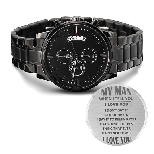 Engraved Black Chronograph Watch - My Man (Boyfriend)