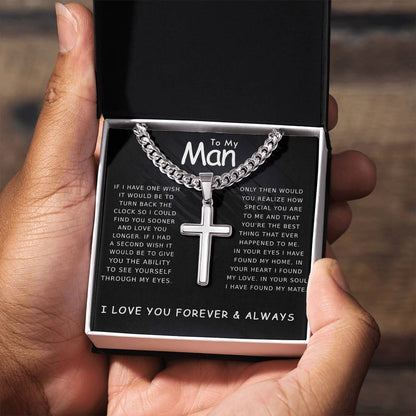 Valentine's Gift For My Man - Artisan Cross Necklace on Cuban Chain