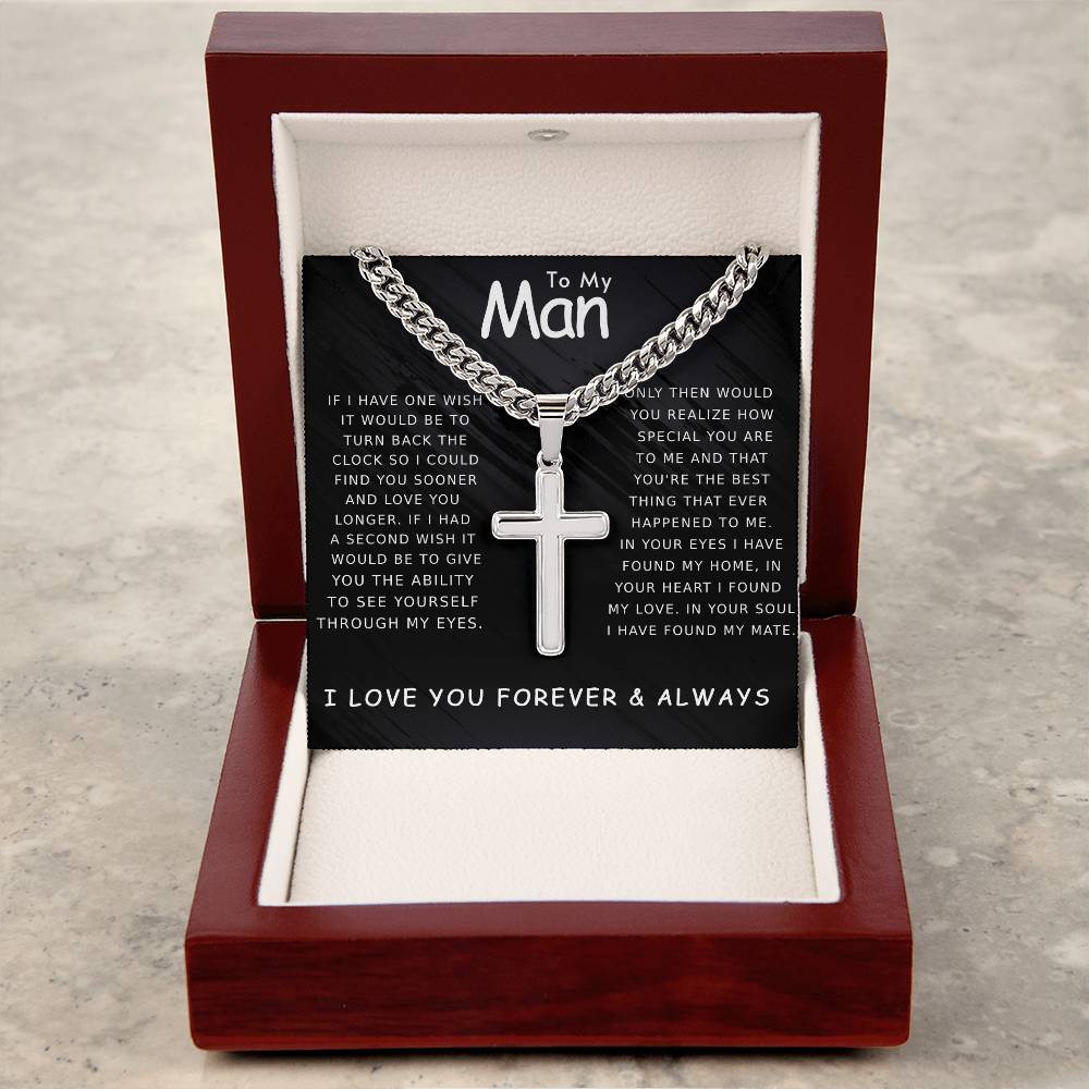 Valentine's Gift For My Man - Artisan Cross Necklace on Cuban Chain