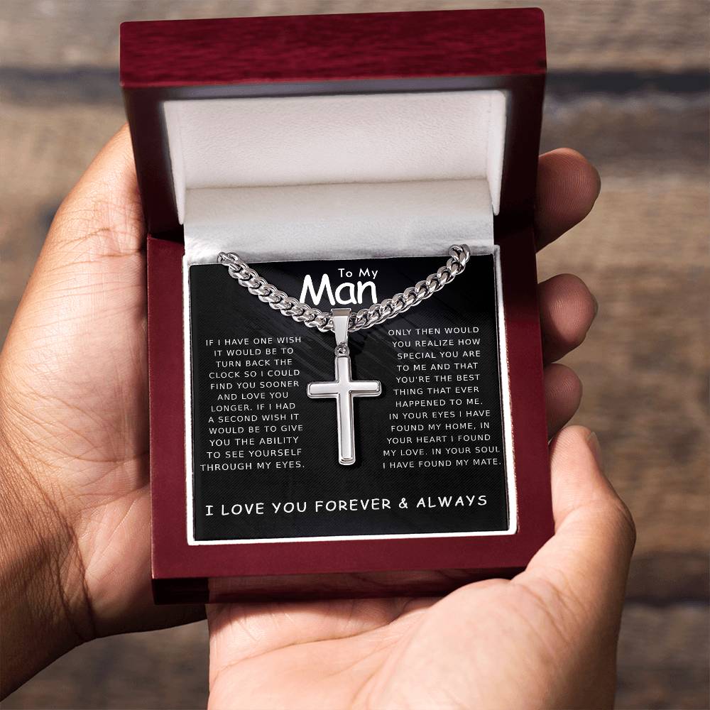 Valentine's Gift For My Man - Artisan Cross Necklace on Cuban Chain